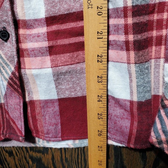 BTC Women's Button Up Hooded Shirt Size Medium Red White Plaid Flannel - Picture 5 of 6